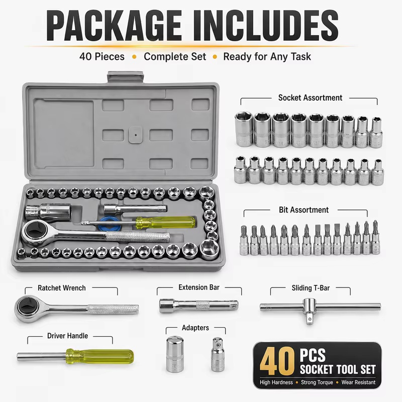 Tools For Motorcycle Workshop - 40-Piece Combination Socket Set for Automotive